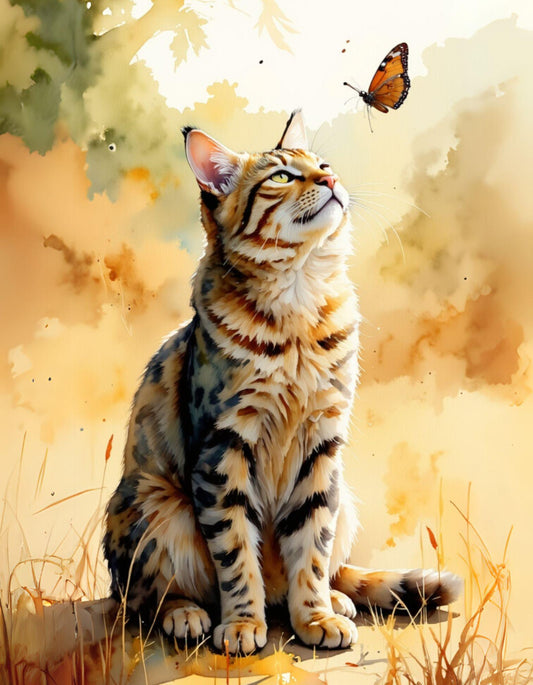 Cat sitting in a natural setting with a butterfly and blurred background