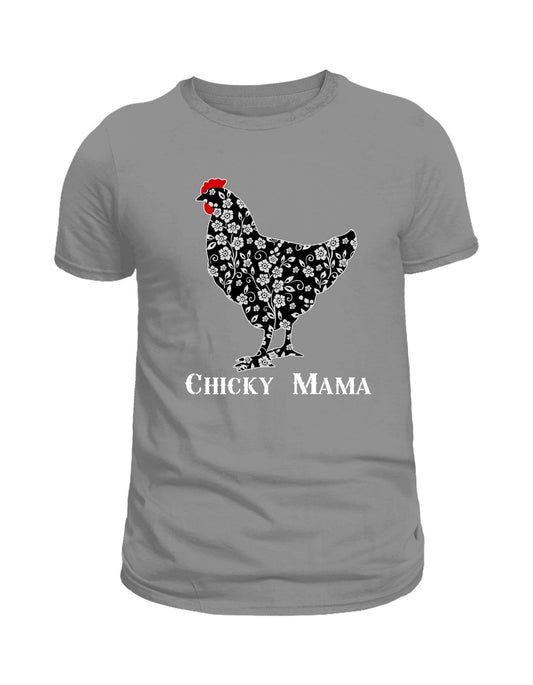 Gray t-shirt with a chicken graphic and 'Chicky Mama' text