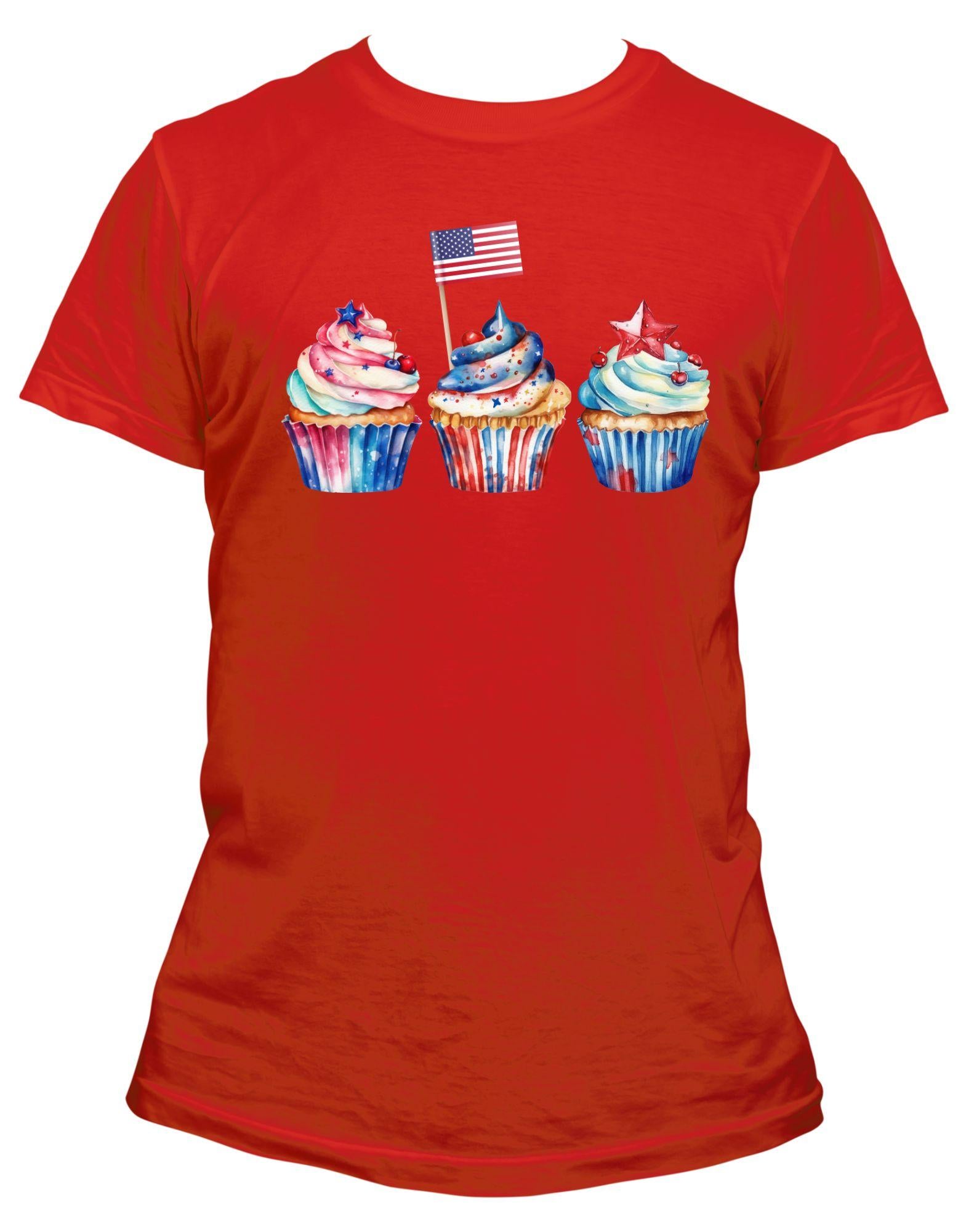 Red t-shirt with colorful cupcakes and an American flag on a white background