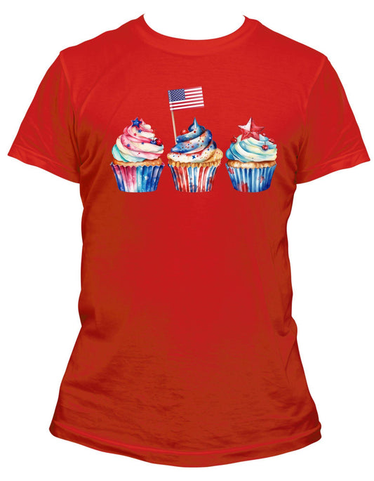 Red t-shirt with colorful cupcakes and an American flag on a white background