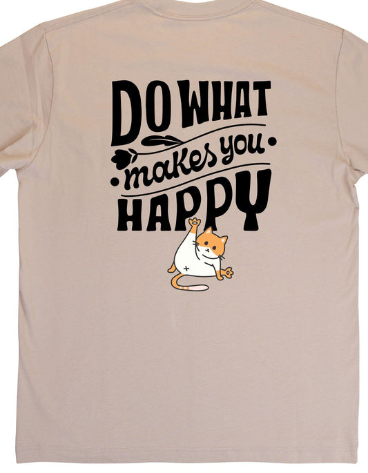Beige t-shirt with a cat graphic and motivational text on a plain background