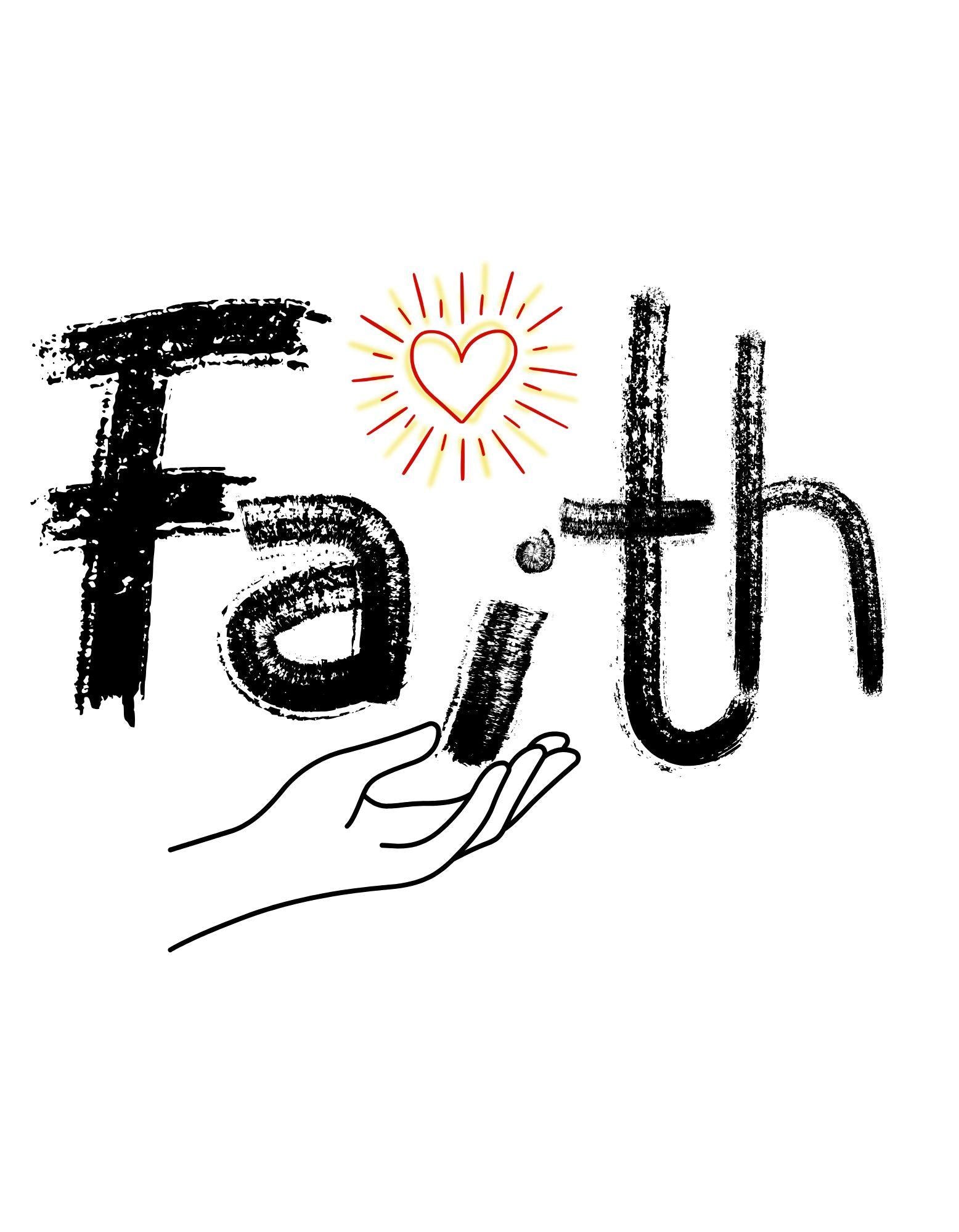 Illustration of a hand holding a heart with the word 'Faith' above it on a white background
