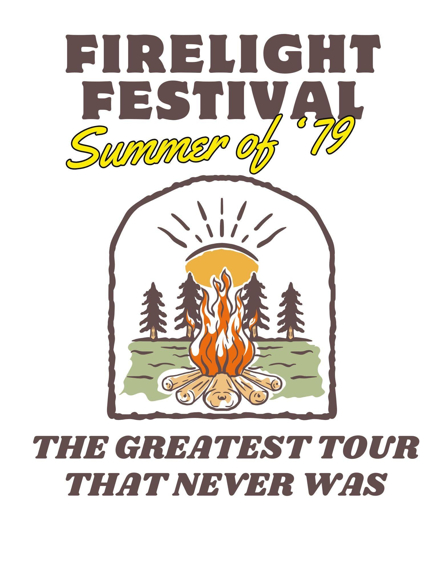 Firelight Festival Summer of '79 logo with a campfire and trees on a white background