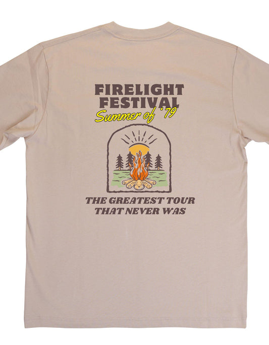 Beige t-shirt with 'Firelight Festival' graphic and text on a white background