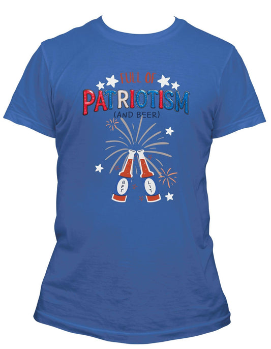Blue t-shirt with 'Full of Patriotism (and beer)' text and graphic on a white background