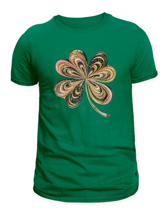 Green t-shirt with a colorful four-leaf clover design on a white background