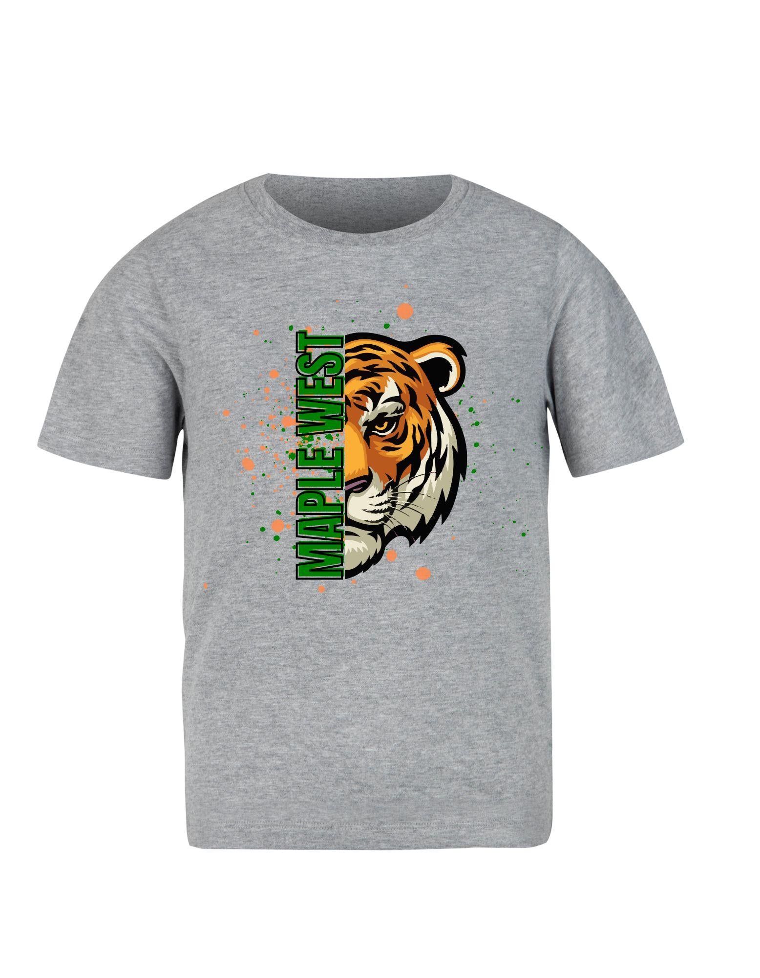 Gray t-shirt with a tiger graphic and 'Maple West' text on a white background