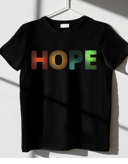 Black t-shirt with 'HOPE' in colorful letters on a white background
