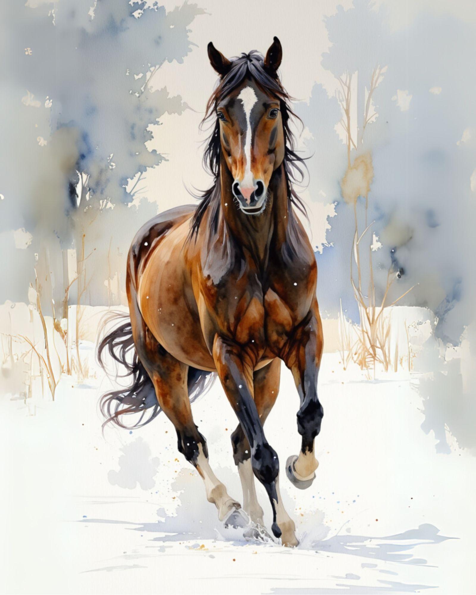 Brown horse running in a snowy landscape