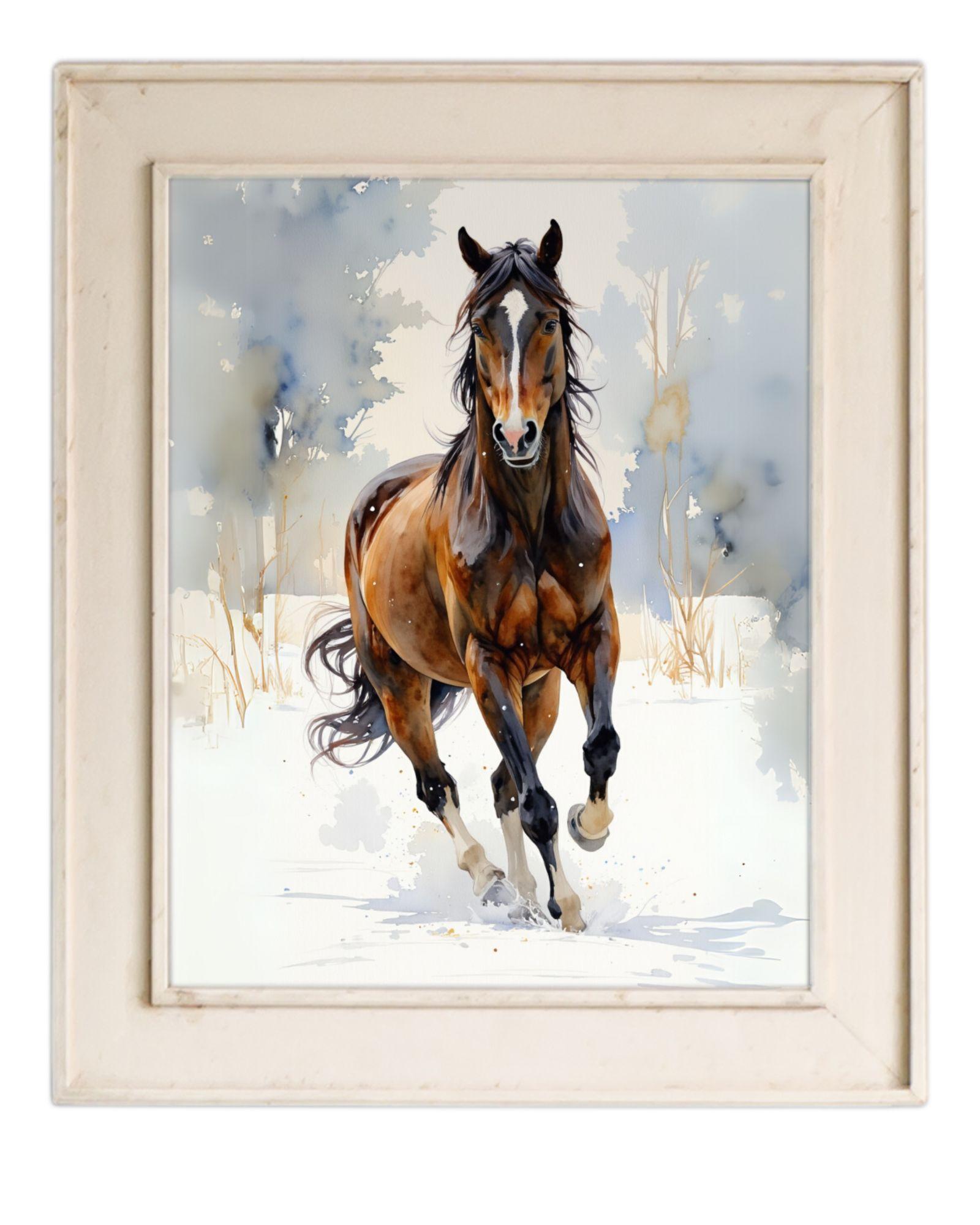 Framed painting of a horse running in the snow