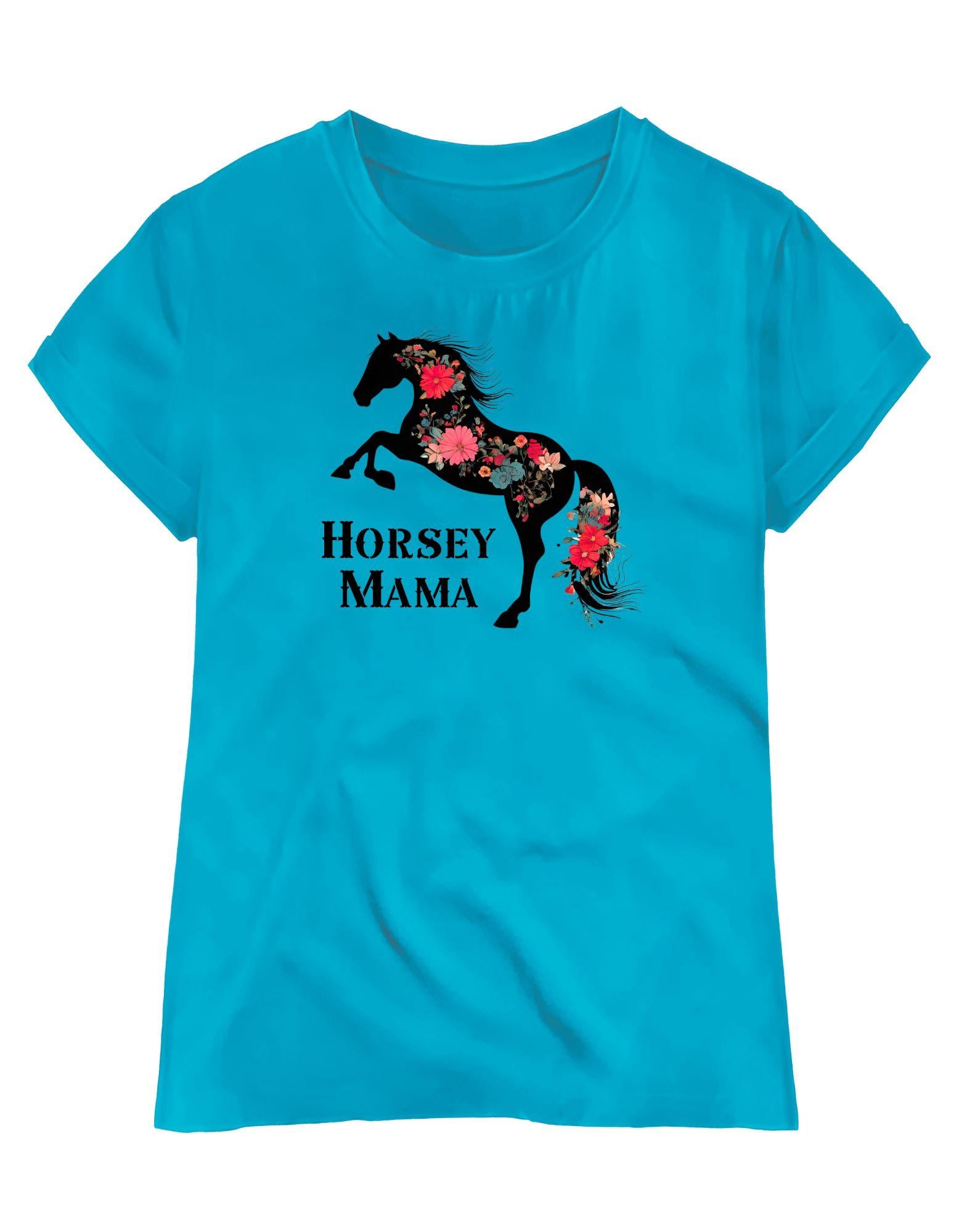 Turquoise t-shirt with a horse graphic and 'Horsey Mama' text on a white background