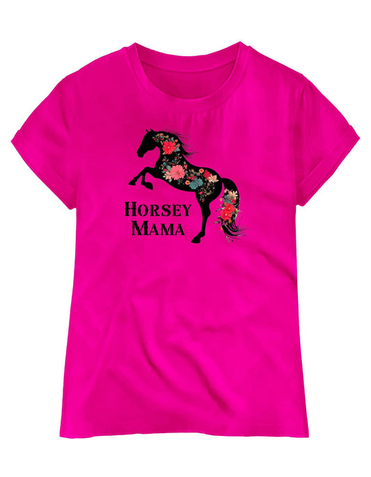 Pink t-shirt with a horse and child graphic and 'Horsey Mama' text on a white background