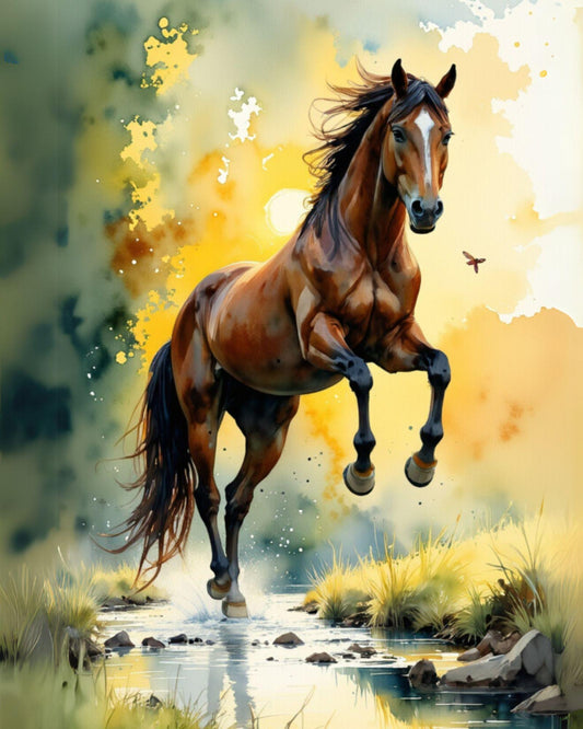 Artistic depiction of a horse running through water with a colorful background