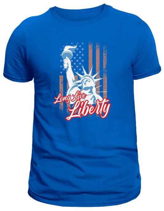 Blue t-shirt with 'Long Live Liberty' design featuring the Statue of Liberty and American flag on a white background.