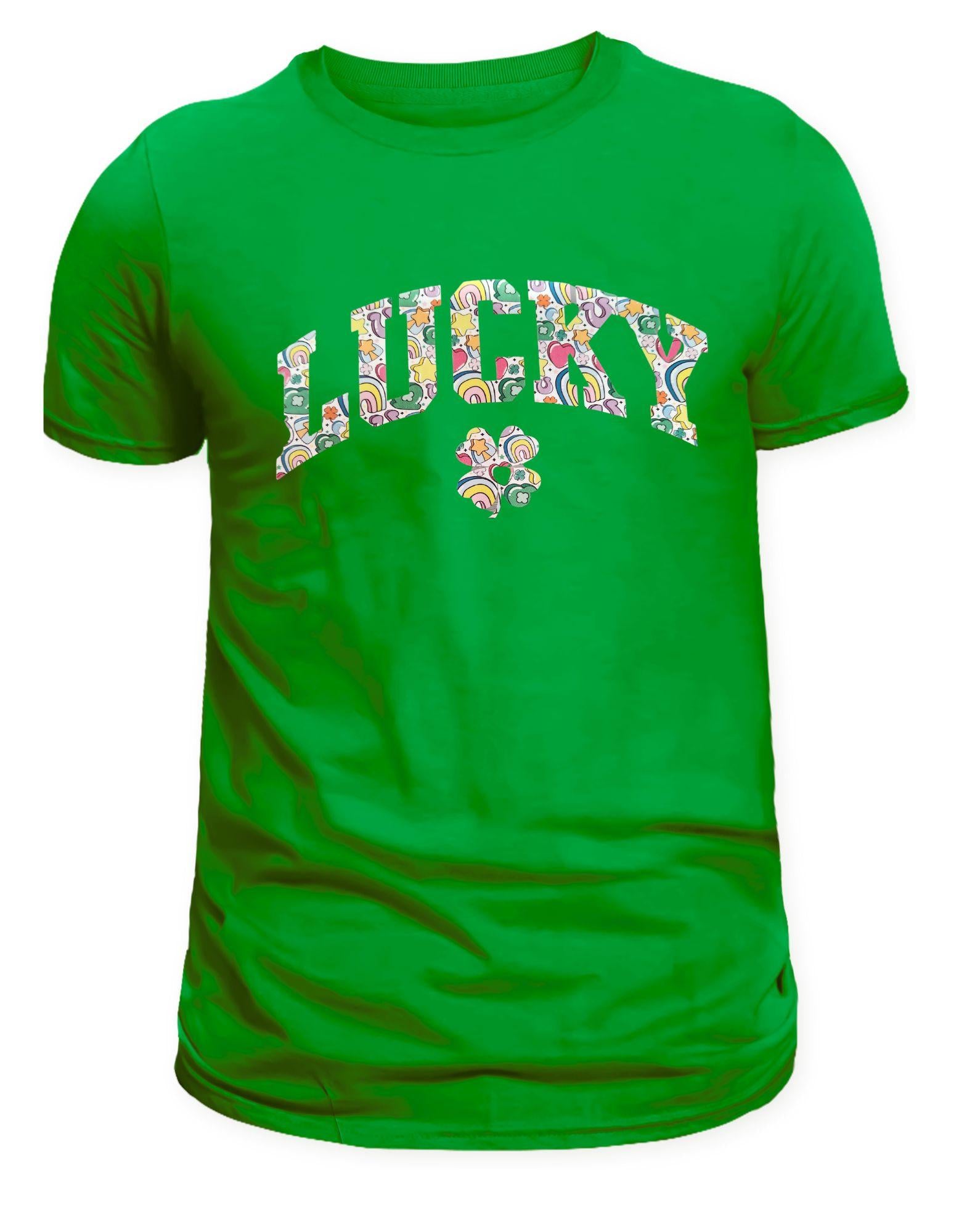 Green t-shirt with 'LUCKY' printed on it against a white background