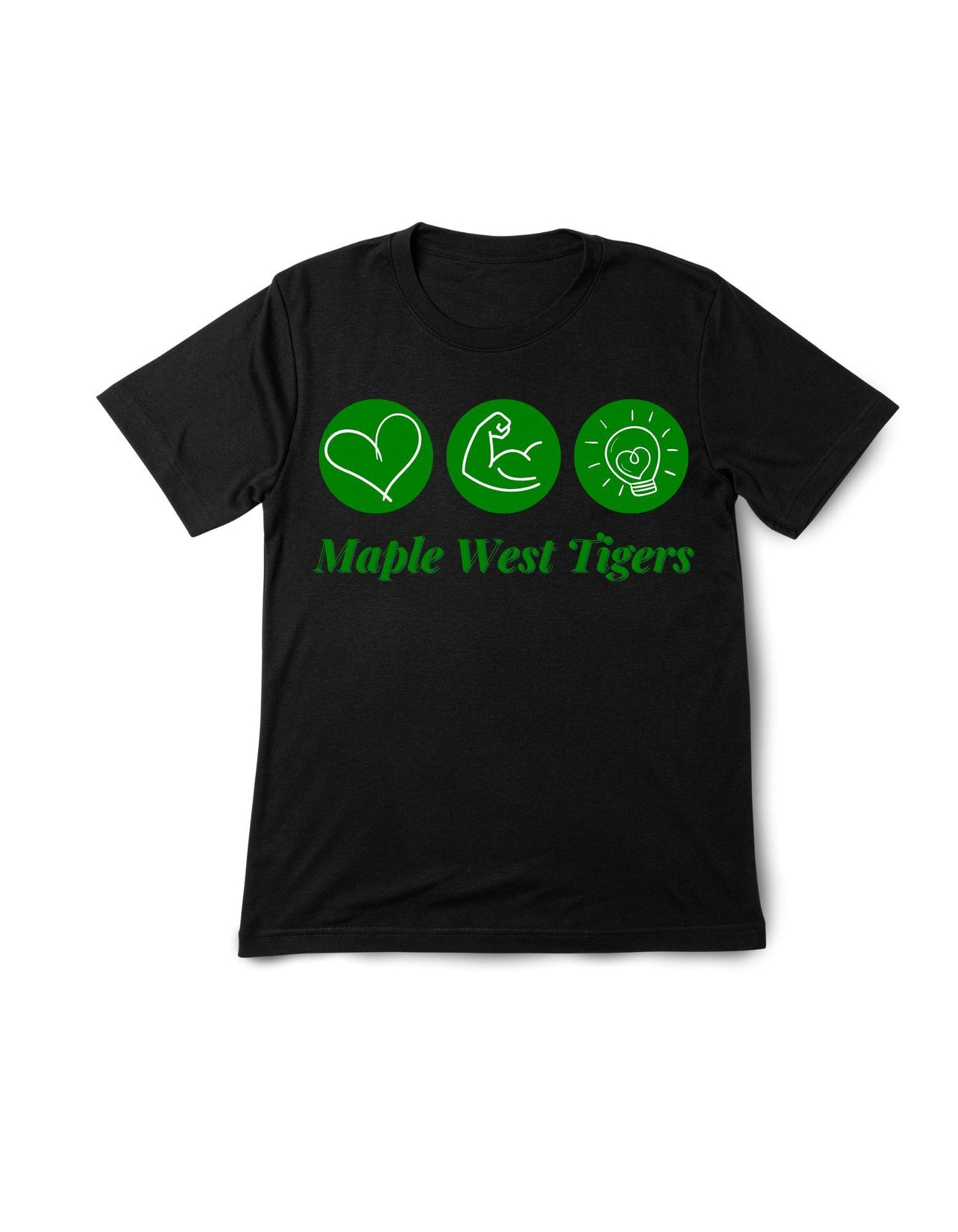 Black t-shirt with green graphics and text on a white background