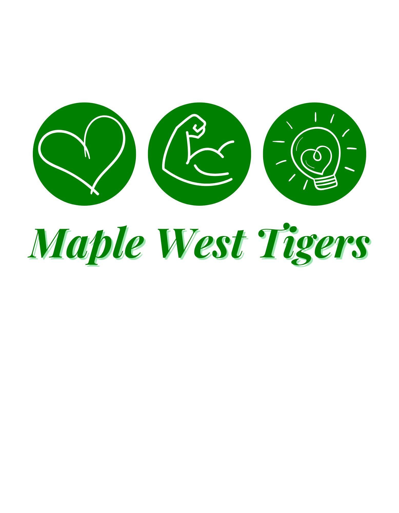 Three green icons with a heart, muscle, and light bulb, accompanied by 'Maple West Tigers' text on a white background.