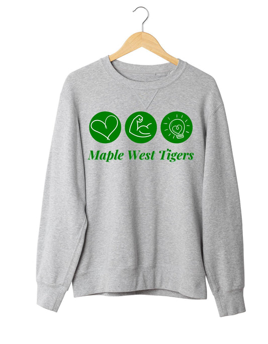 Gray sweatshirt with green graphics and text 'Maple West Tigers' on a white background