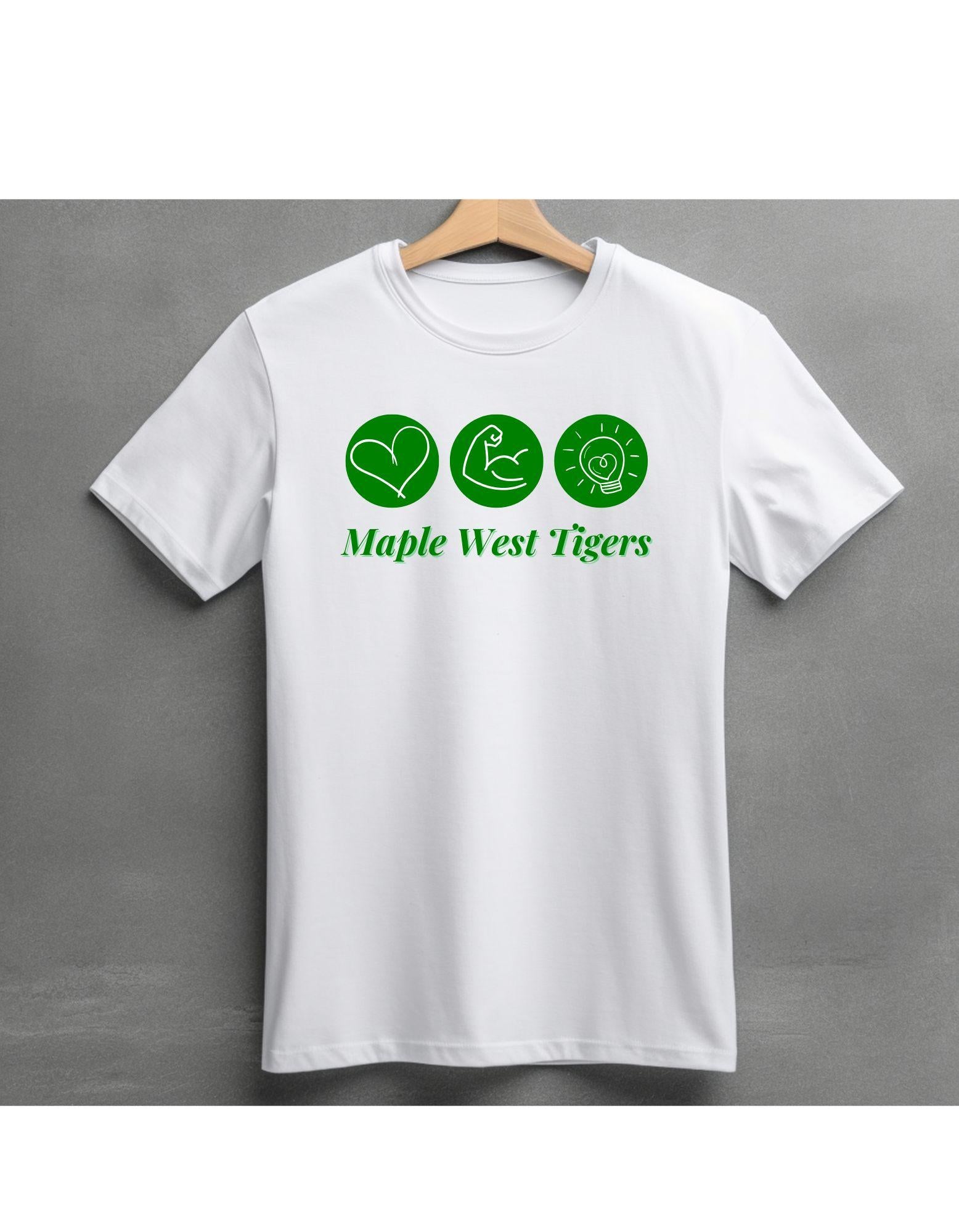 White t-shirt with green graphics and text on a gray background