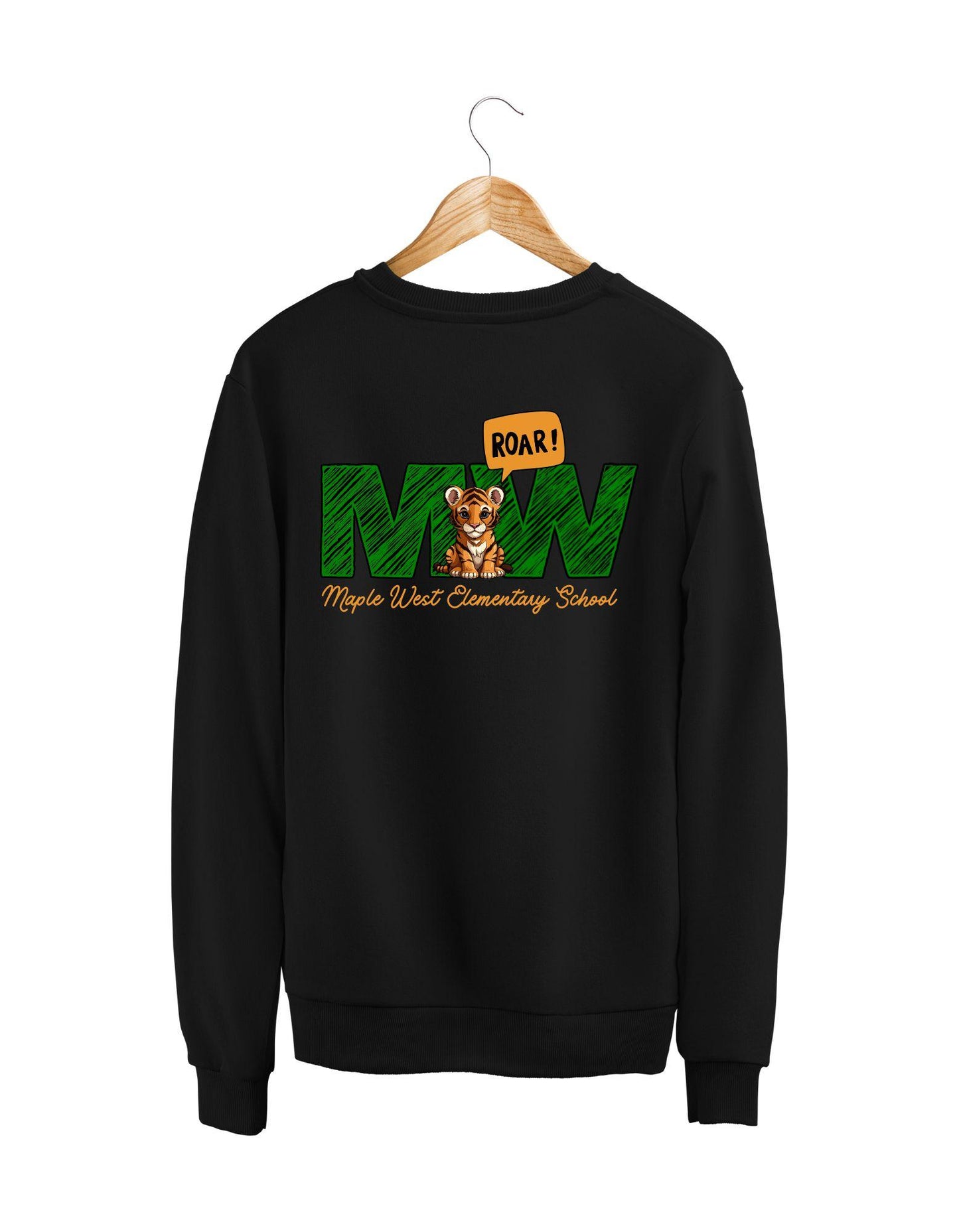 Black sweatshirt with colorful graphics and text on a white background