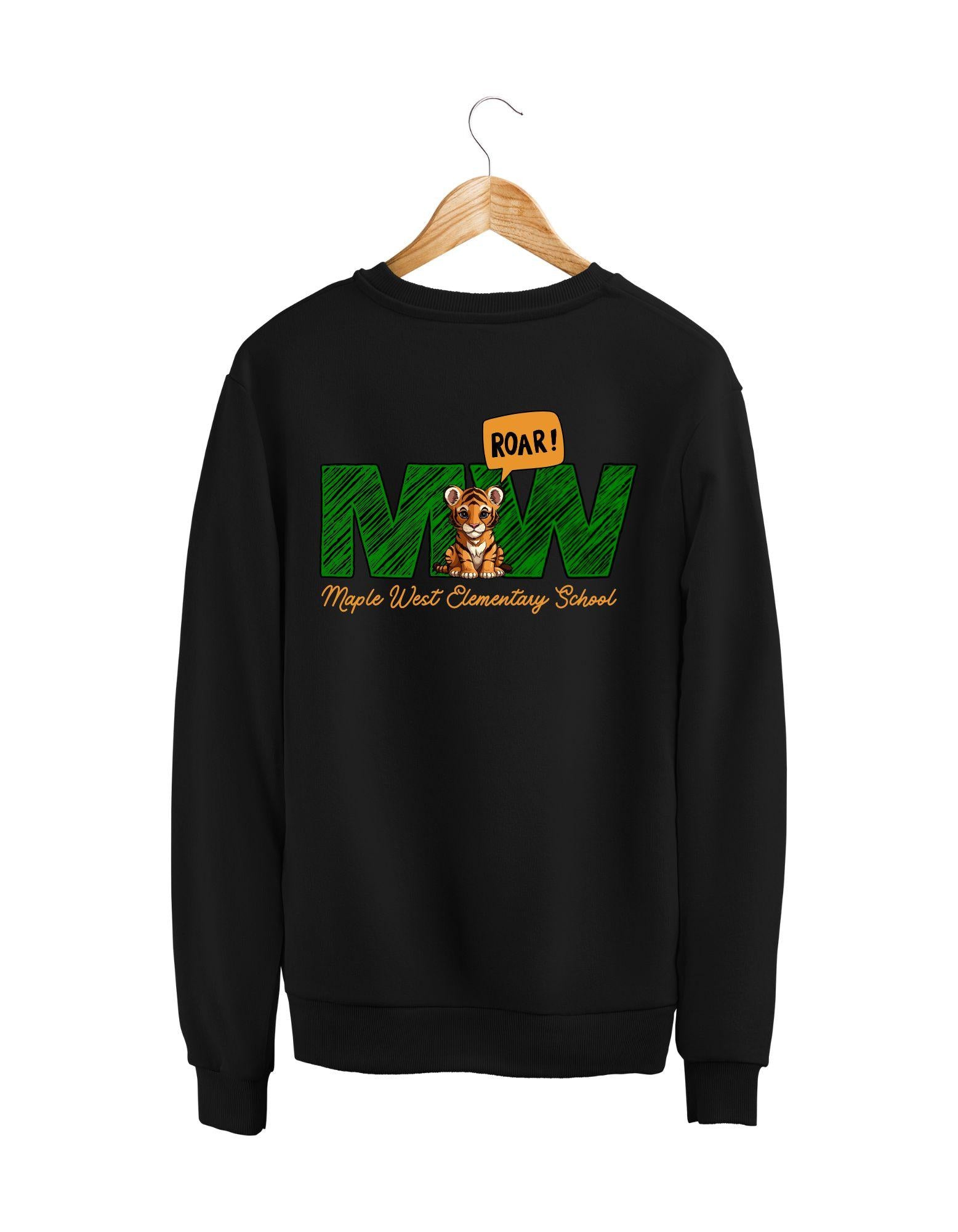 Black sweatshirt with colorful graphics and text on a white background
