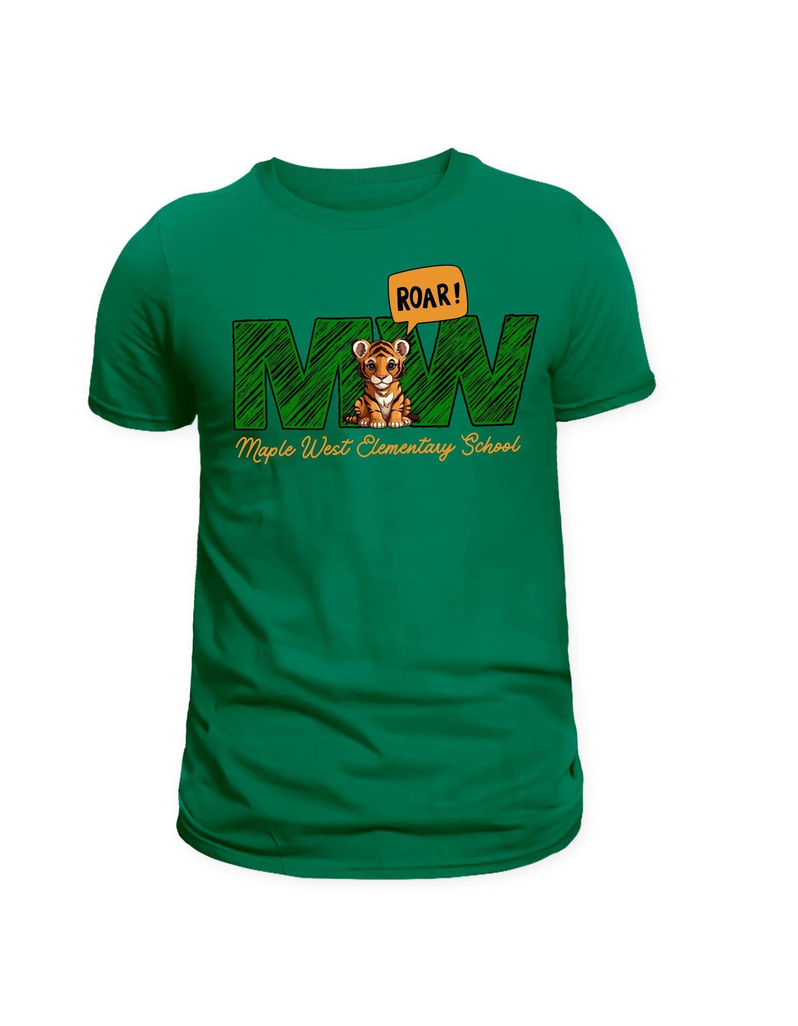 Green t-shirt with 'Roar' and 'Maple West Elementary School' design on a white background