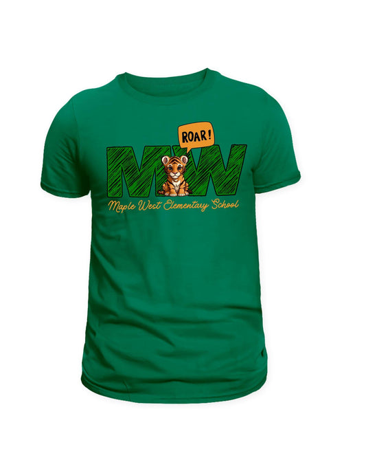 Green t-shirt with 'Roar' and 'Maple West Elementary School' design on a white background