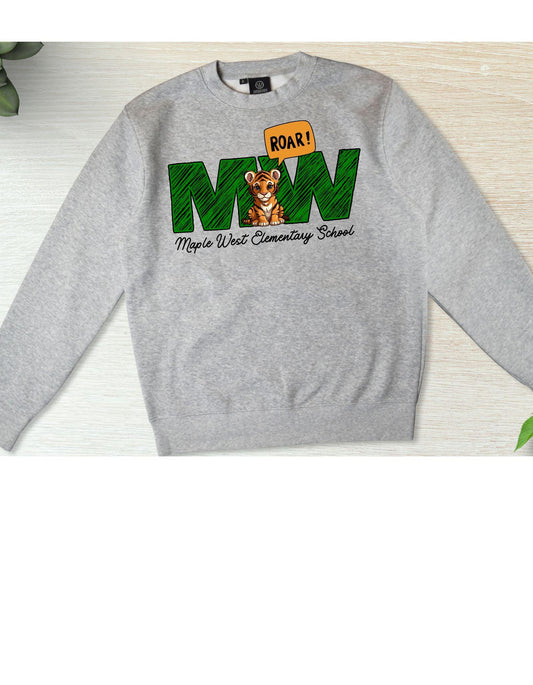 Gray sweatshirt with 'Maple West Elementary School' logo on a light wooden surface