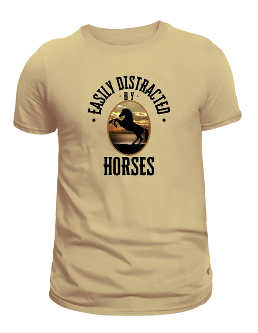 Beige t-shirt with horse graphic and text on a white background