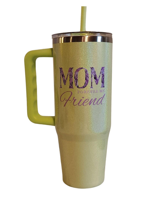 Green glitter travel mug with 'MOM Forever Friend' text on a white background