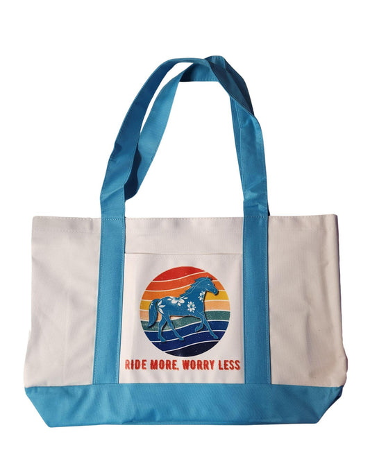Tote bag with horse graphic and 'Ride More, Worry Less' text on a white background
