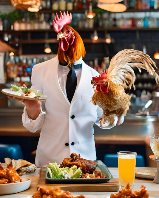 Rooster in a suit holding a rooster and plates of food in a bar setting
