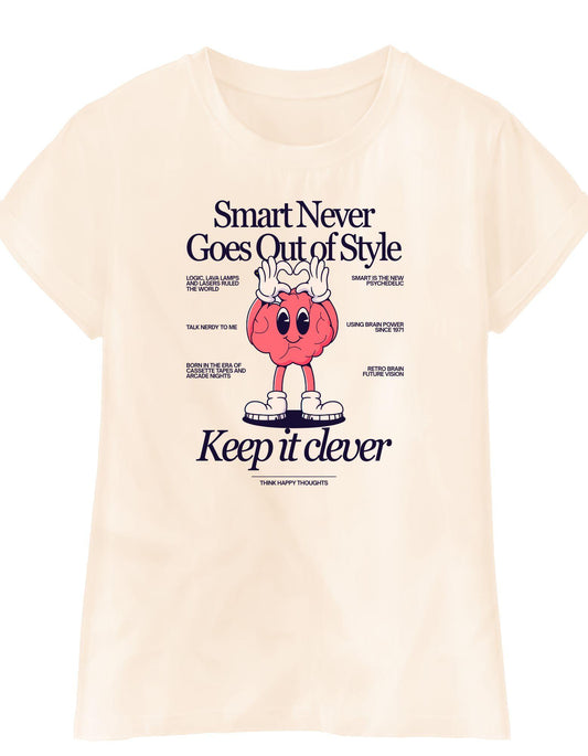 Beige t-shirt with a cartoon character and text on a white background