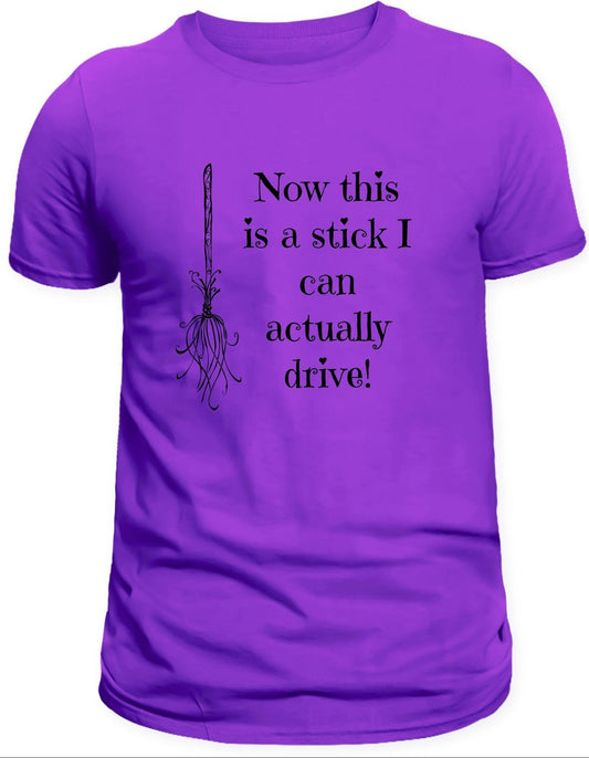 Purple t-shirt with black text and graphic on a white background