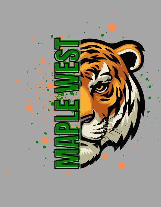 Tiger design with 'Maple West' text on a gray background