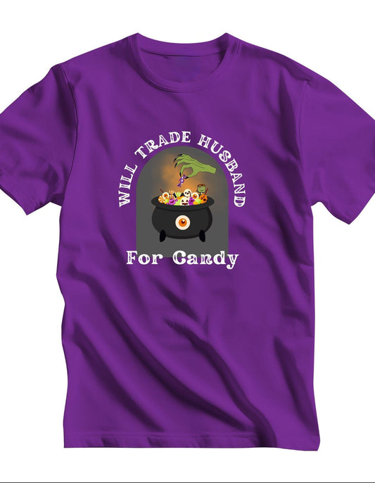 Purple t-shirt with Halloween-themed graphic and text on a white background