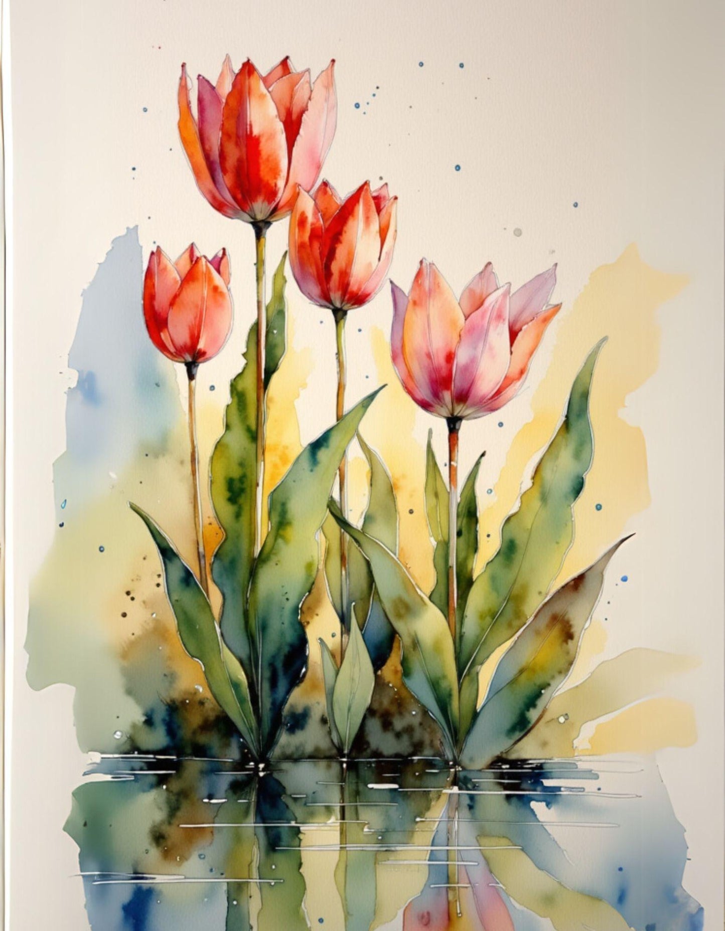 Artistic depiction of red tulips with watercolor effects on a light background