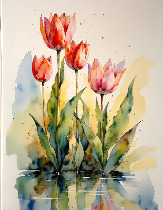 Artistic depiction of red tulips with watercolor effects on a light background