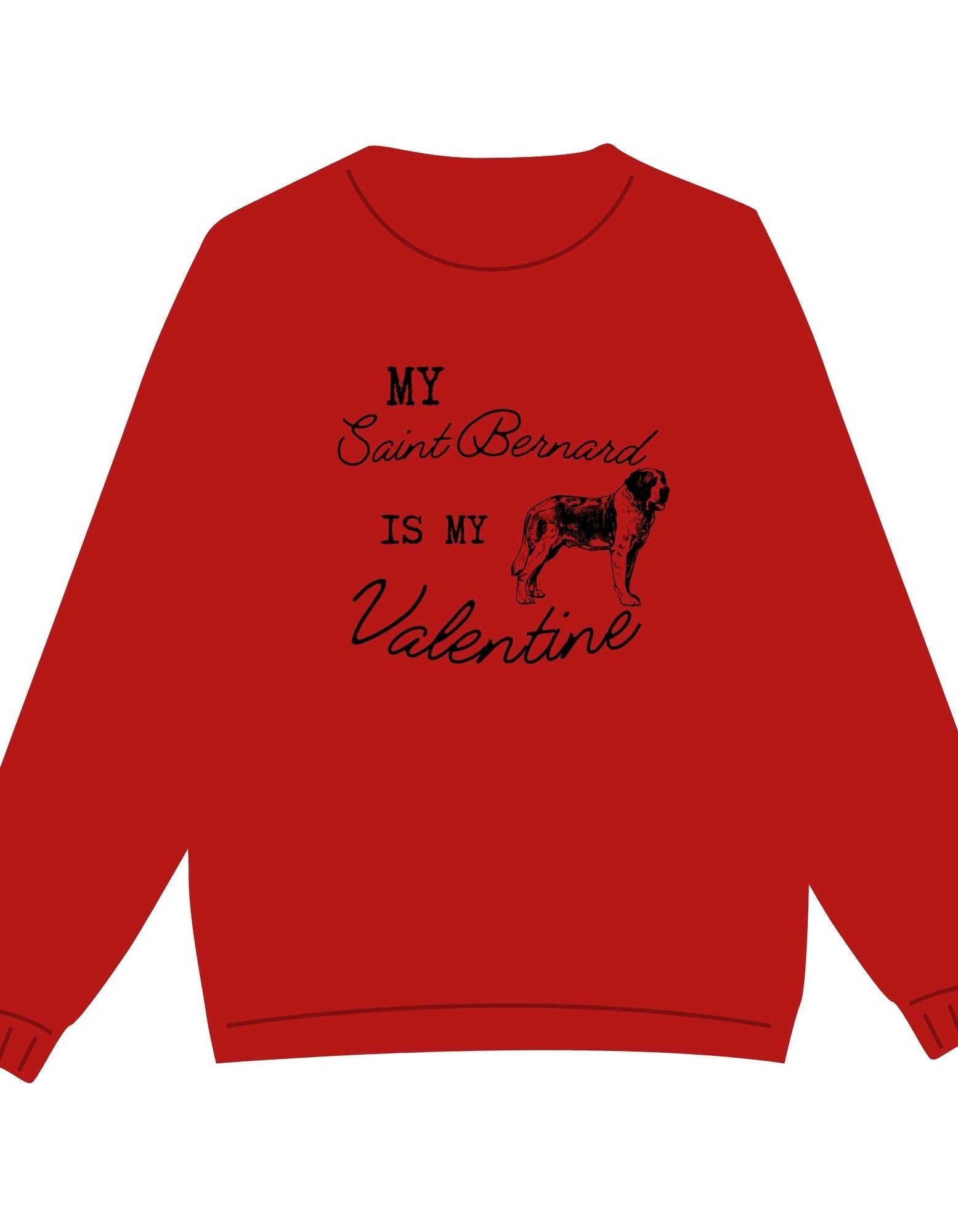 Red sweatshirt with black text and dog illustration on a white background