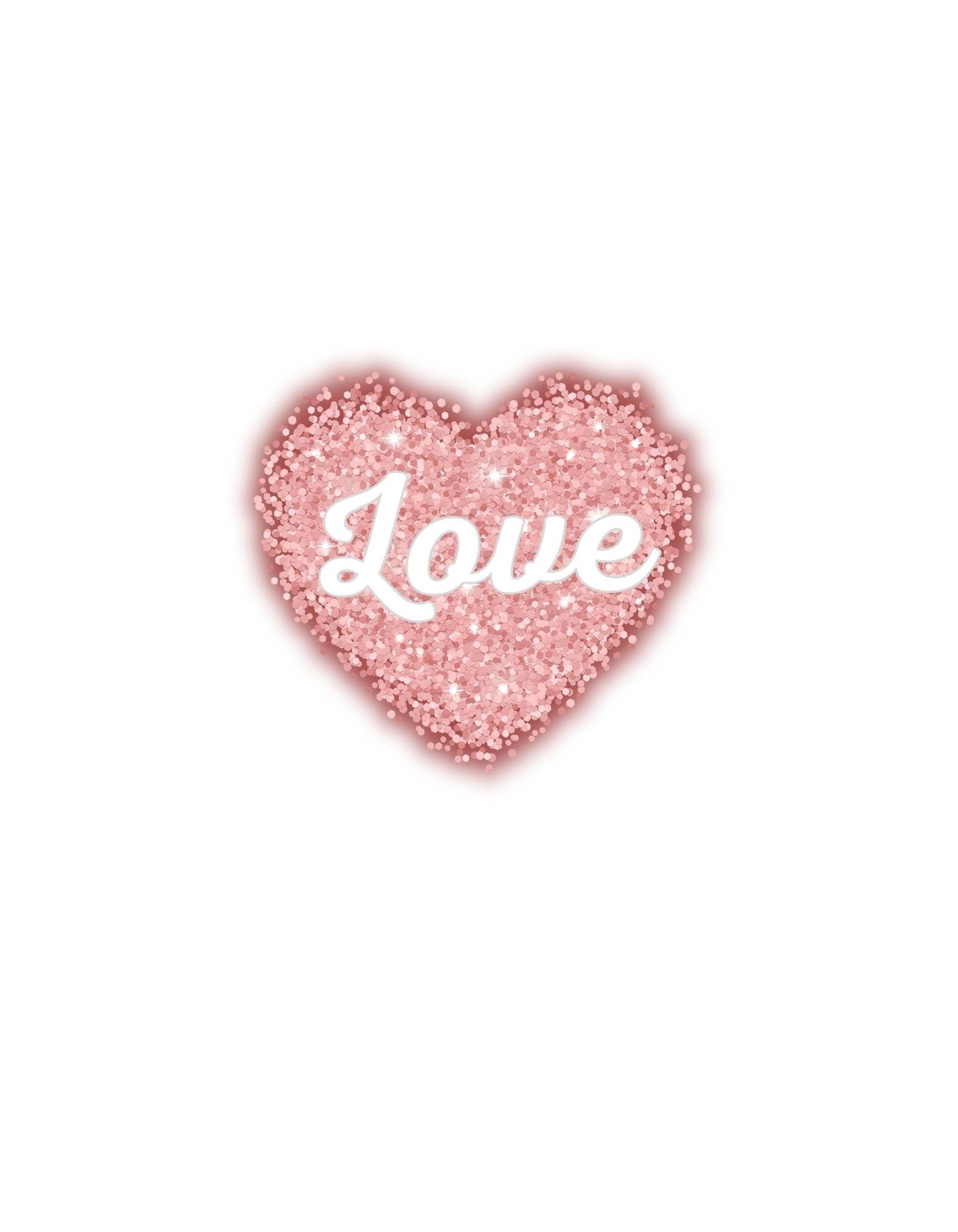 Pink glittery heart with 'Love' text on a white background
