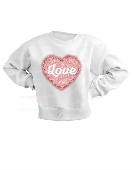 White sweatshirt with a pink heart-shaped design and 'Love' text on a white background